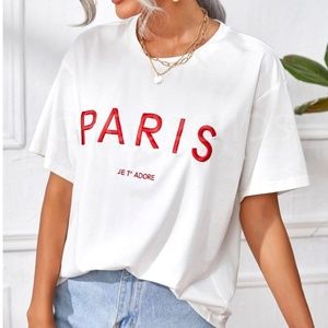 White Tee Red Embroidery Text Print Shirt Short Sleeve, Drop Shoulder Oversized